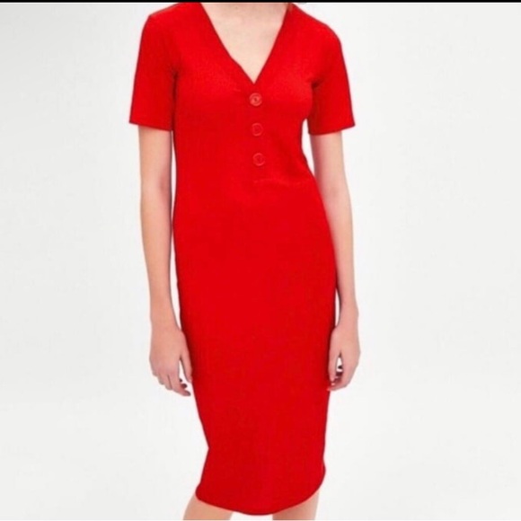 ZARA Red Ribbed fitted V-Neck midi dress with faux buttons & short sleeve 🎉SALE - Picture 11 of 12